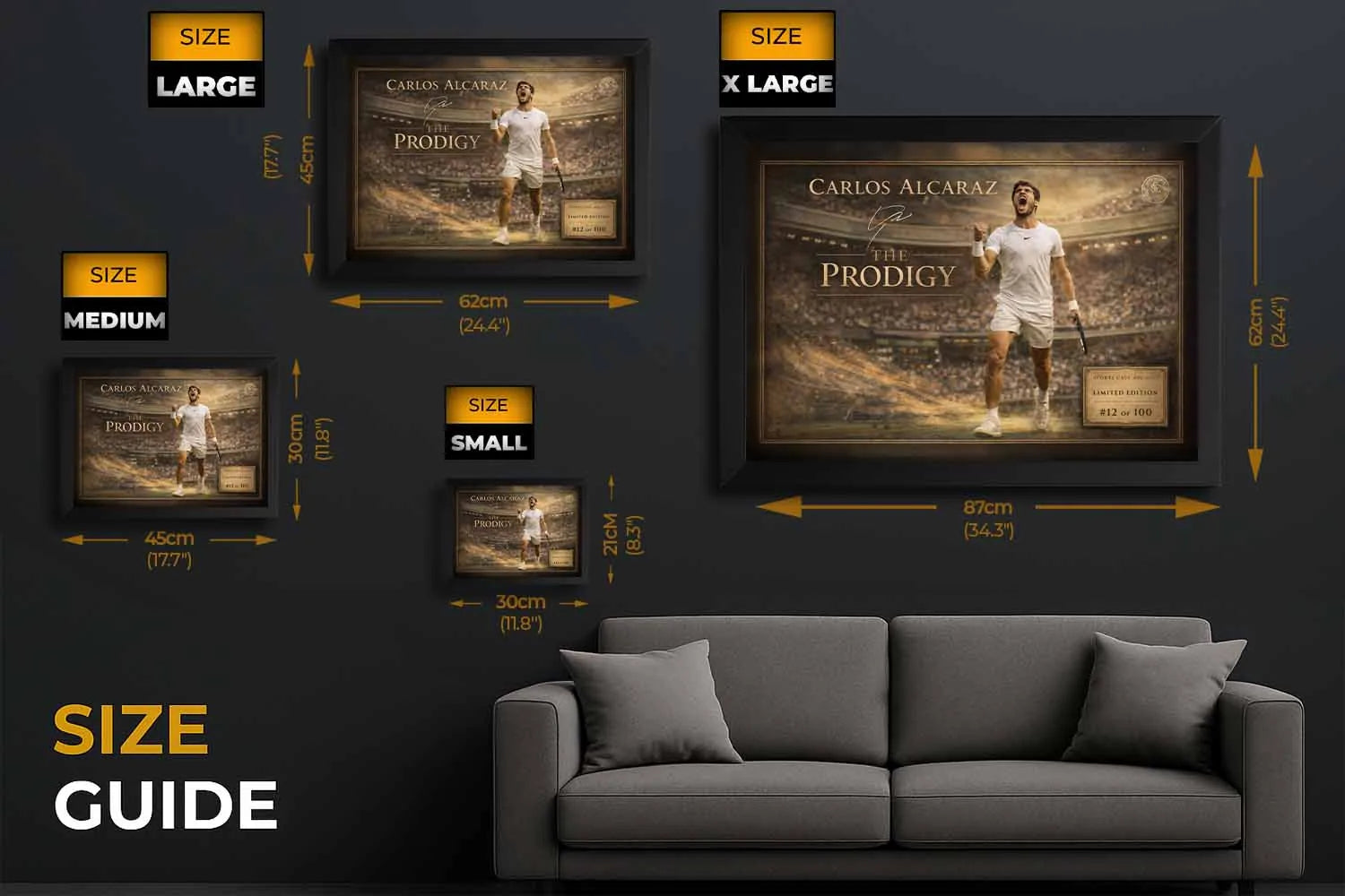 Carlos Alcaraz framed tennis artwork size guide showing multiple dimensions to help choose the right limited edition sports prints.