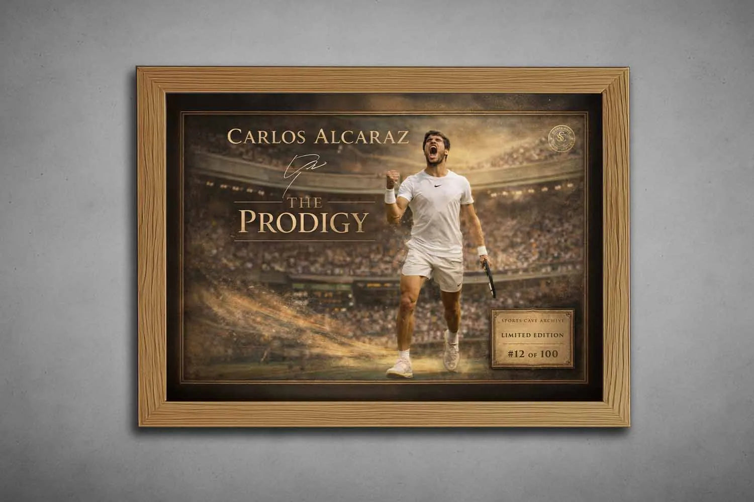 Carlos Alcaraz tennis artwork displayed in an oak frame, blending classic warmth with action detail in refined sports wall art.
