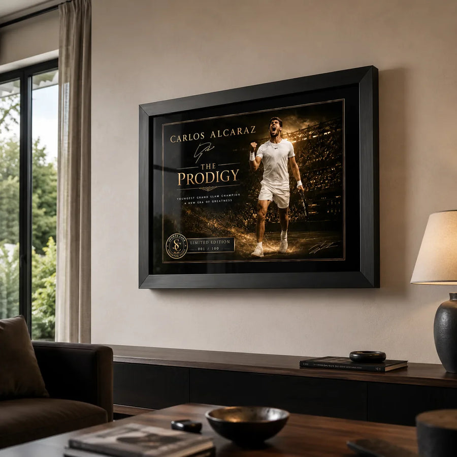 Carlos Alcaraz black framed tennis artwork styled in a premium living room as bold sports wall art.