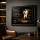 Carlos Alcaraz black framed tennis wall art styled in a premium man cave for collectors and devoted tennis fans.