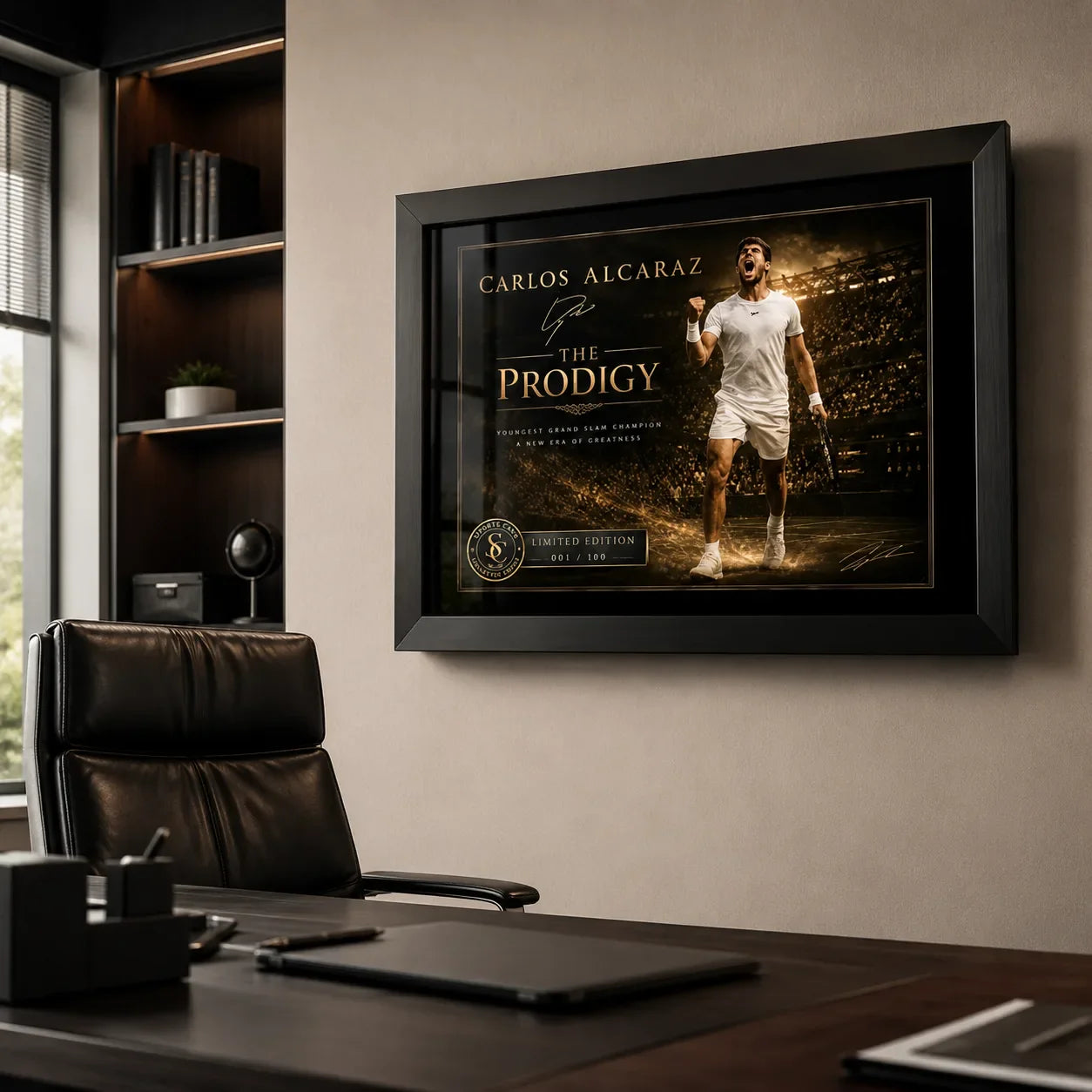 Carlos Alcaraz framed sports art displayed in a refined office setting, built for collectors and tennis fans.