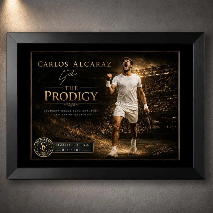 Carlos Alcaraz tennis wall art in black frame, a limited edition sports print for collectors and tennis fans.