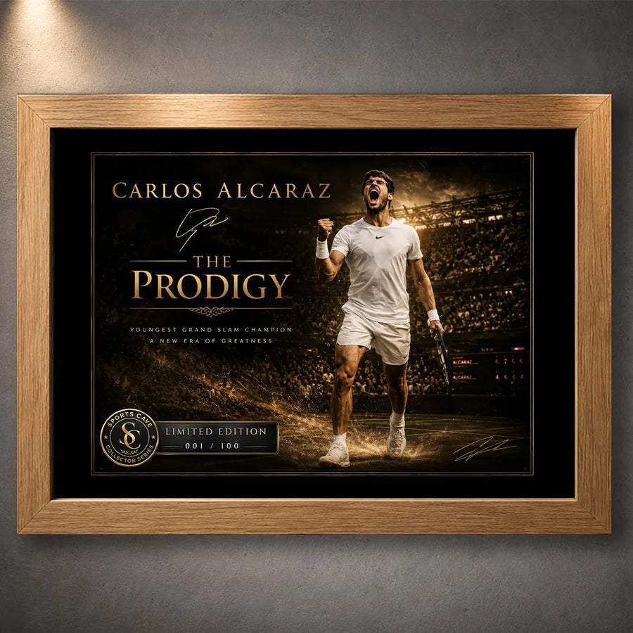 Carlos Alcaraz tennis wall art in oak frame, a refined limited edition sports print for collectors.