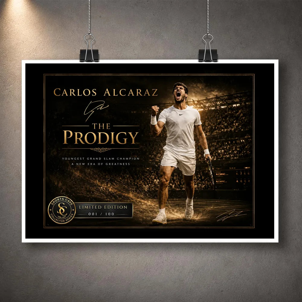 Unframed Carlos Alcaraz tennis wall art print with dramatic court energy for collectors and tennis fans.
