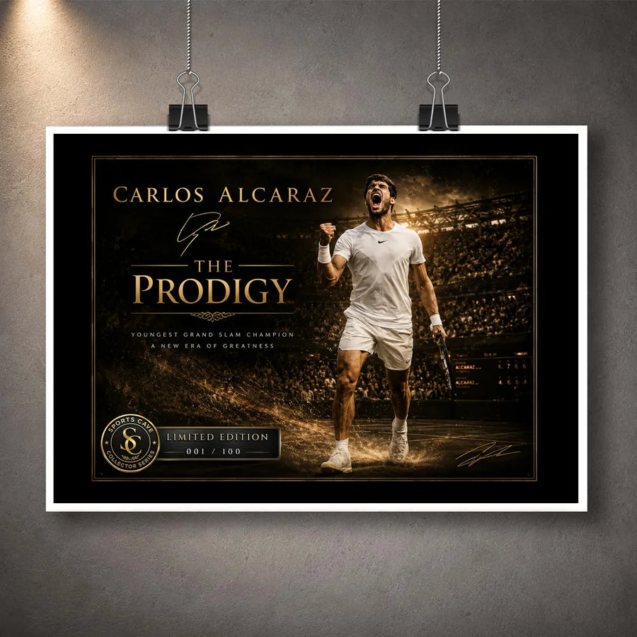 Unframed Carlos Alcaraz tennis wall art print with dramatic court energy for collectors and tennis fans.