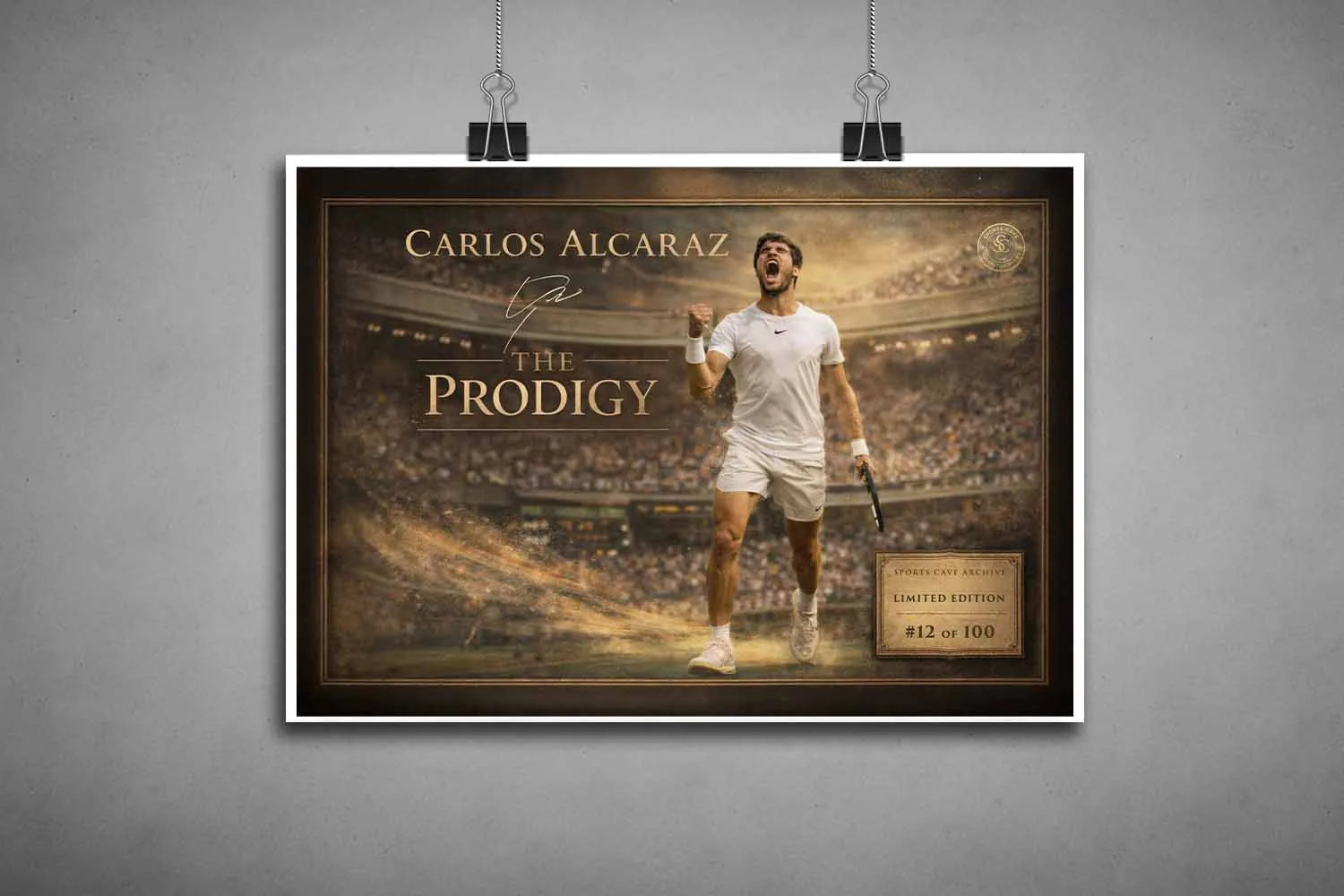Unframed Carlos Alcaraz tennis artwork showcasing raw detail and motion, ideal for custom mounting as sports art prints.