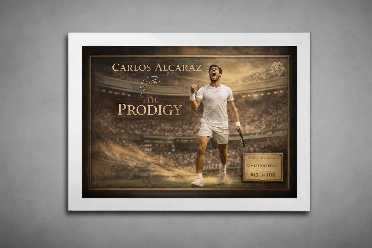 Carlos Alcaraz in a white frame mockup, highlighting clean contrast and modern presentation in elegant framed sports memorabilia.
