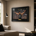 Chef Curry basketball wall art displayed in a premium living room with black frame and soft natural light.