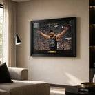 Chef Curry basketball wall art displayed in a premium living room with black frame and soft natural light.
