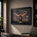Chef Curry basketball wall art displayed in a minimal office with a black frame on a textured wall.