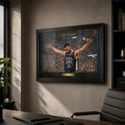 Chef Curry basketball wall art displayed in a minimal office with a black frame on a textured wall.