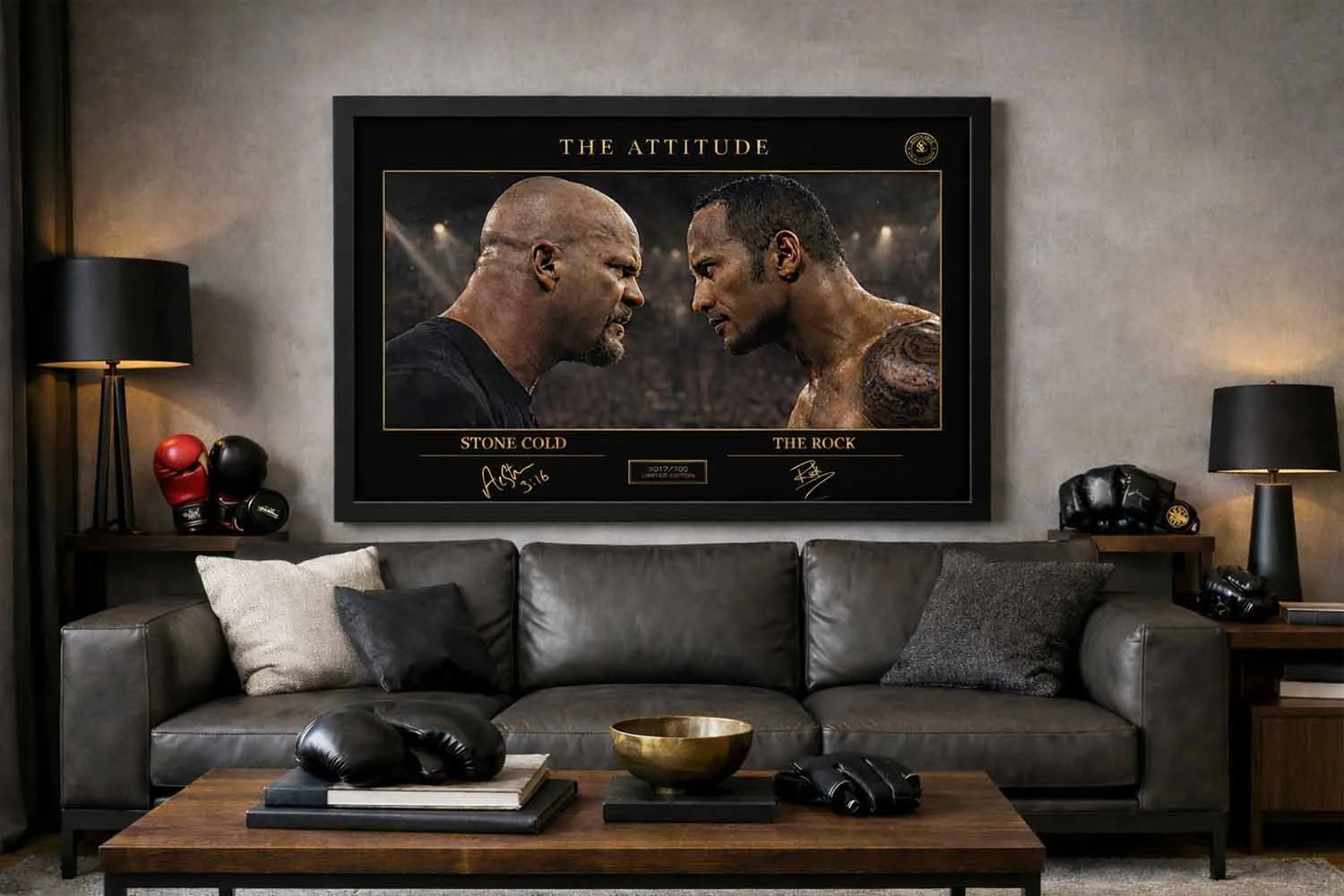 Stone Cold vs The Rock wall art displayed in a modern man cave, bold framed sports art centerpiece above leather sofa