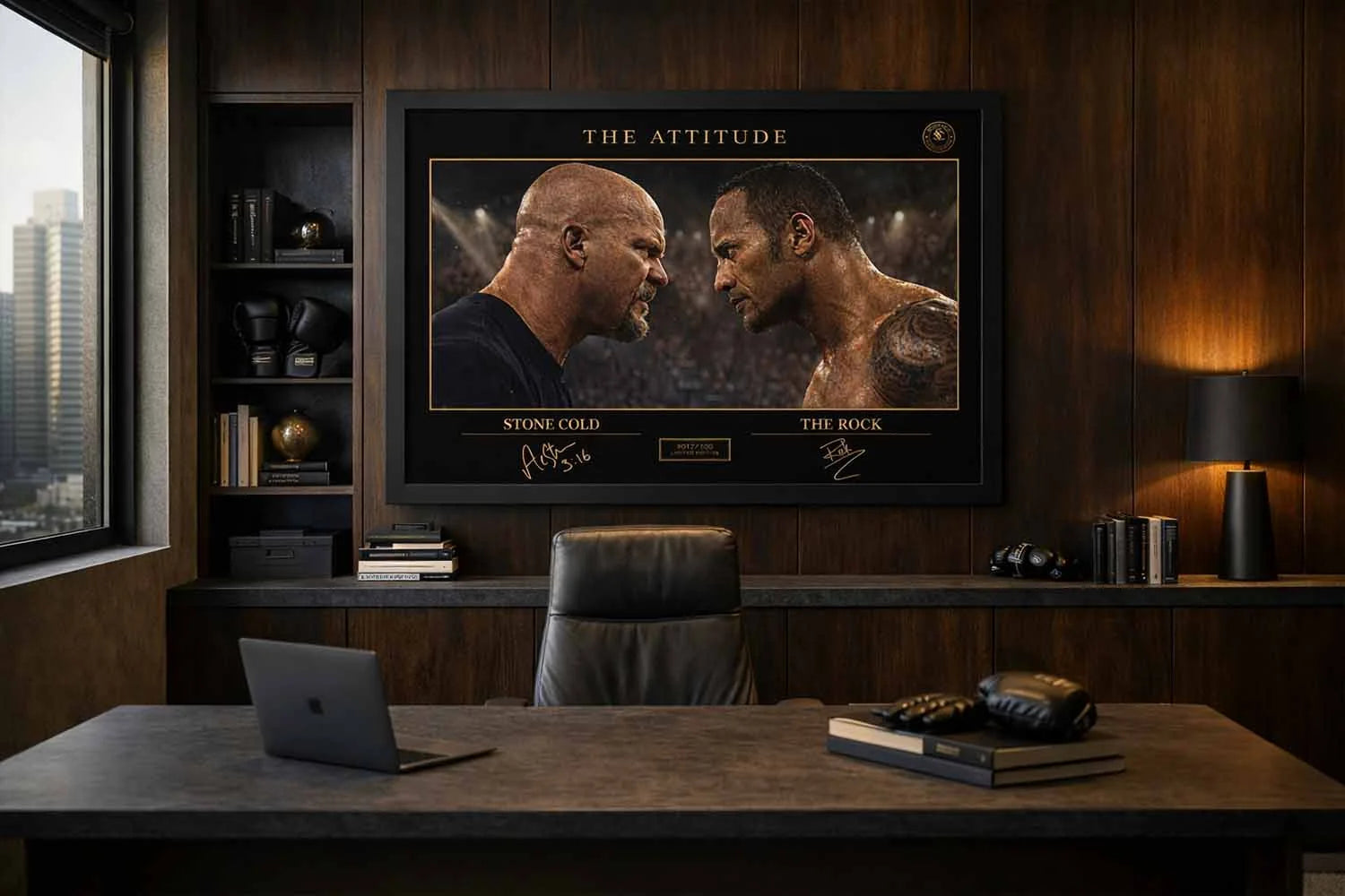 Stone Cold vs The Rock framed artwork in a luxury office setting, refined man cave wall décor with dramatic lighting