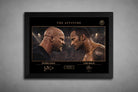 Stone Cold vs The Rock framed in matte black, intense face-off artwork styled as premium sports collectibles for fans