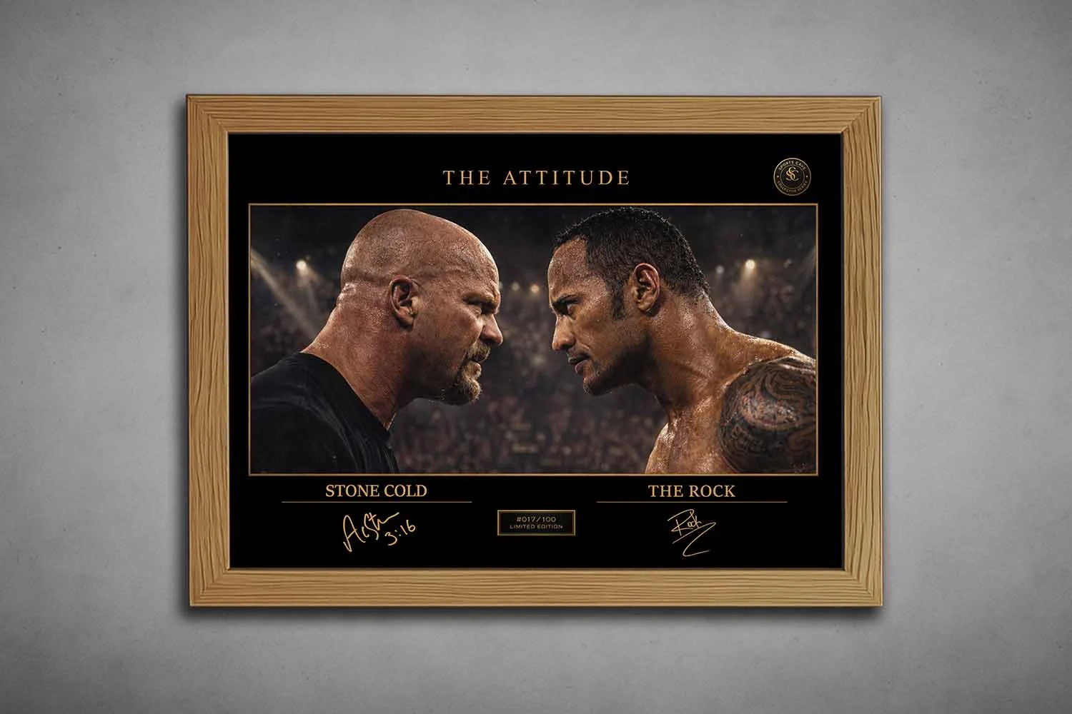 Stone Cold vs The Rock artwork in oak frame finish, classic framed sports memorabilia with warm natural tones