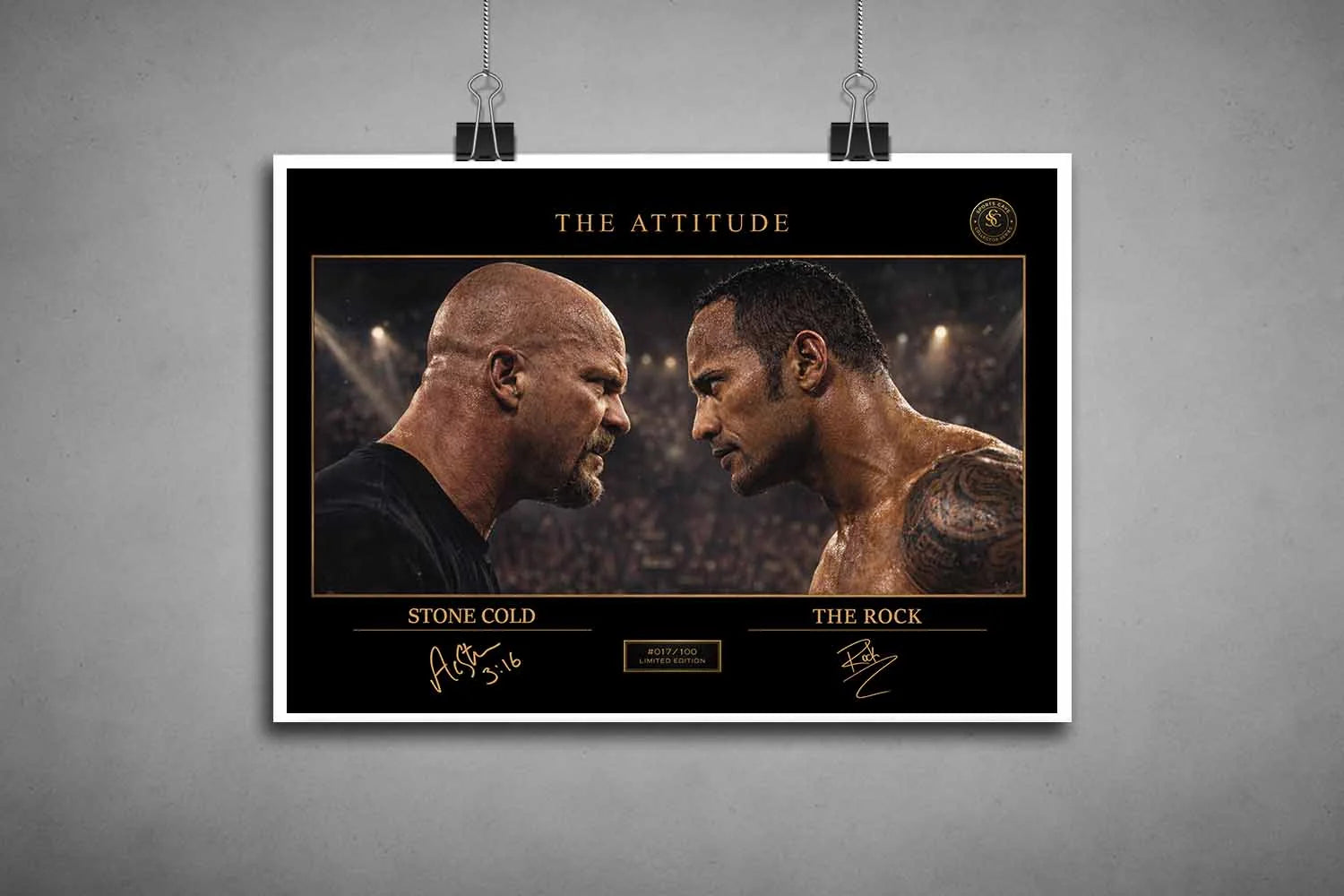Stone Cold vs The Rock unframed print version, detailed sports wall art showcasing their legendary WWE rivalry