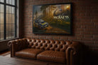 Colin McRae 1995 black framed sports wall art styled above a leather sofa in a man cave.