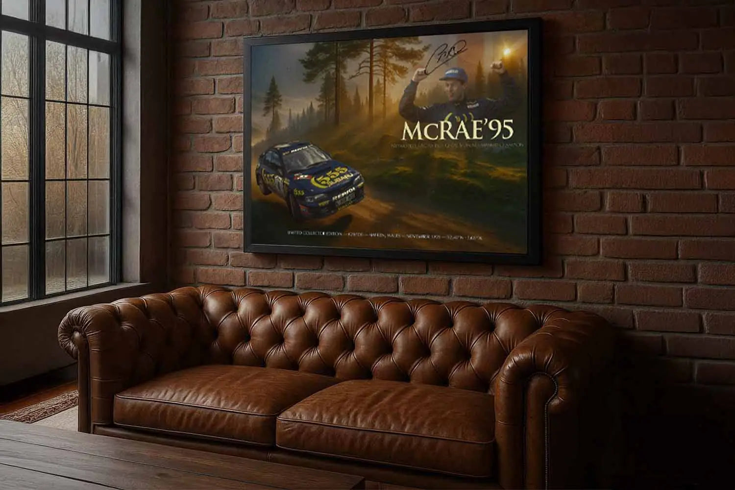 Colin McRae 1995 black framed sports wall art styled above a leather sofa in a man cave.