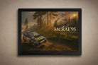 Colin McRae 1995 black framed motorsport sports wall art hanging on a feature wall.