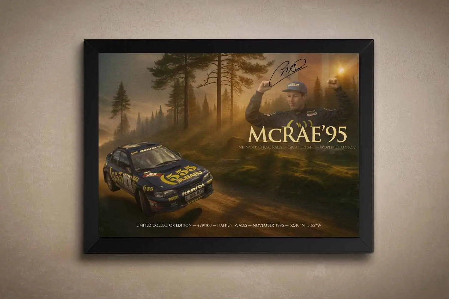 Colin McRae 1995 black framed motorsport sports wall art hanging on a feature wall.
