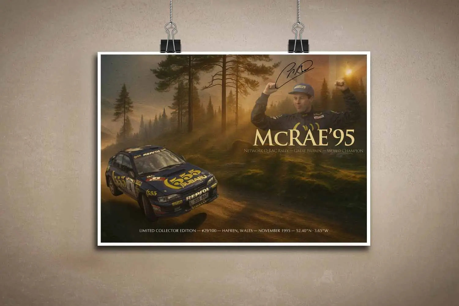 Colin McRae 1995 unframed motorsport poster sports wall art hanging with clips.