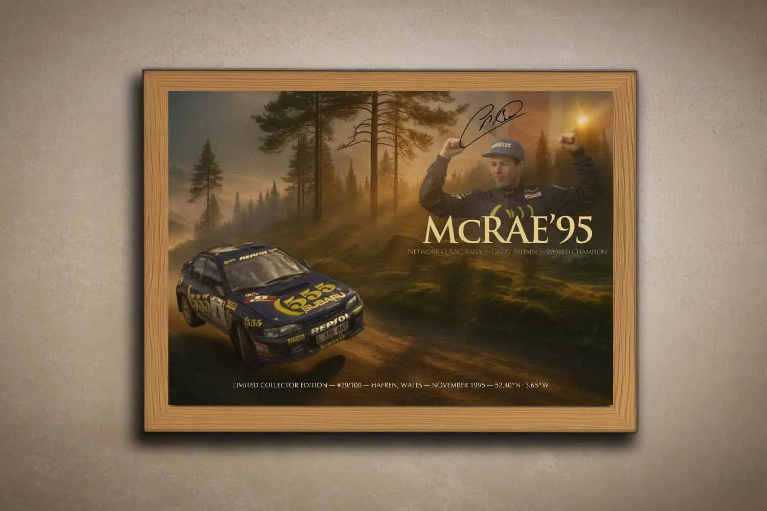 Colin McRae 1995 oak framed motorsport sports wall art hanging on a neutral wall.