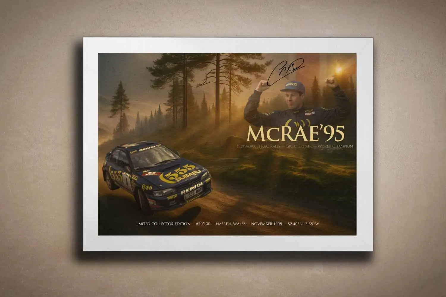 Colin McRae 1995 white framed motorsport sports wall art displayed on a feature wall.