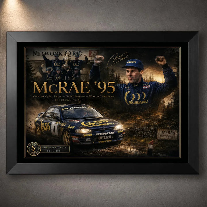 Colin McRae 95 motorsport wall art in a black frame, featuring the RAC Rally tribute artwork on a dark wall.