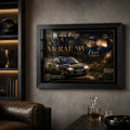 Colin McRae 95 framed motorsport wall art styled in a man cave with leather seating and trophy decor.