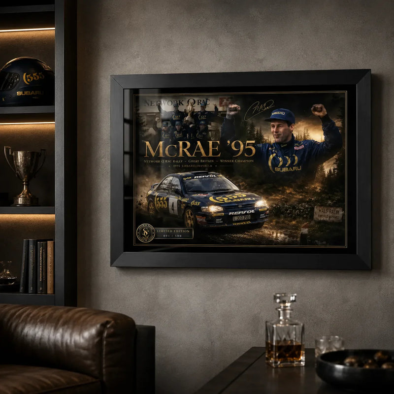 Colin McRae 95 framed motorsport wall art styled in a man cave with leather seating and trophy decor.