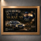 Colin McRae 95 motorsport wall art in an oak frame, featuring the RAC Rally tribute artwork on a grey wall.