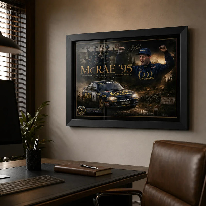 Colin McRae 95 framed motorsport wall art in a premium home office lifestyle setting.