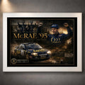 Colin McRae 95 motorsport wall art in a white frame, featuring the RAC Rally tribute artwork on a grey wall.