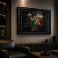 The Notorious Conor McGregor wall art mounted in a dark premium man cave with timber shelving and leather seating.