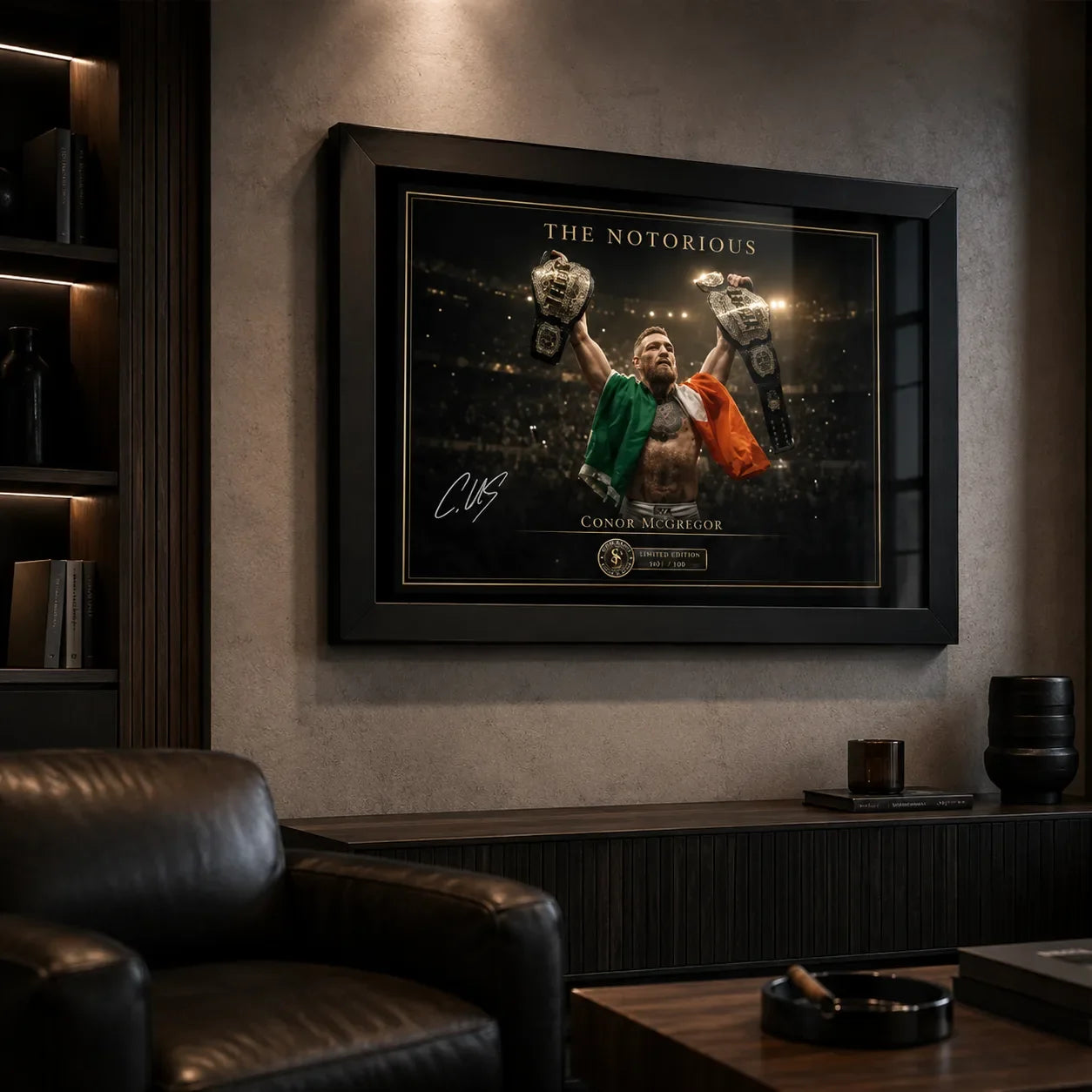 The Notorious Conor McGregor wall art mounted in a dark premium man cave with timber shelving and leather seating.