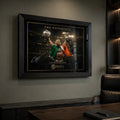 Conor McGregor wall art displayed in a refined home office above a stone console beside a black executive chair.