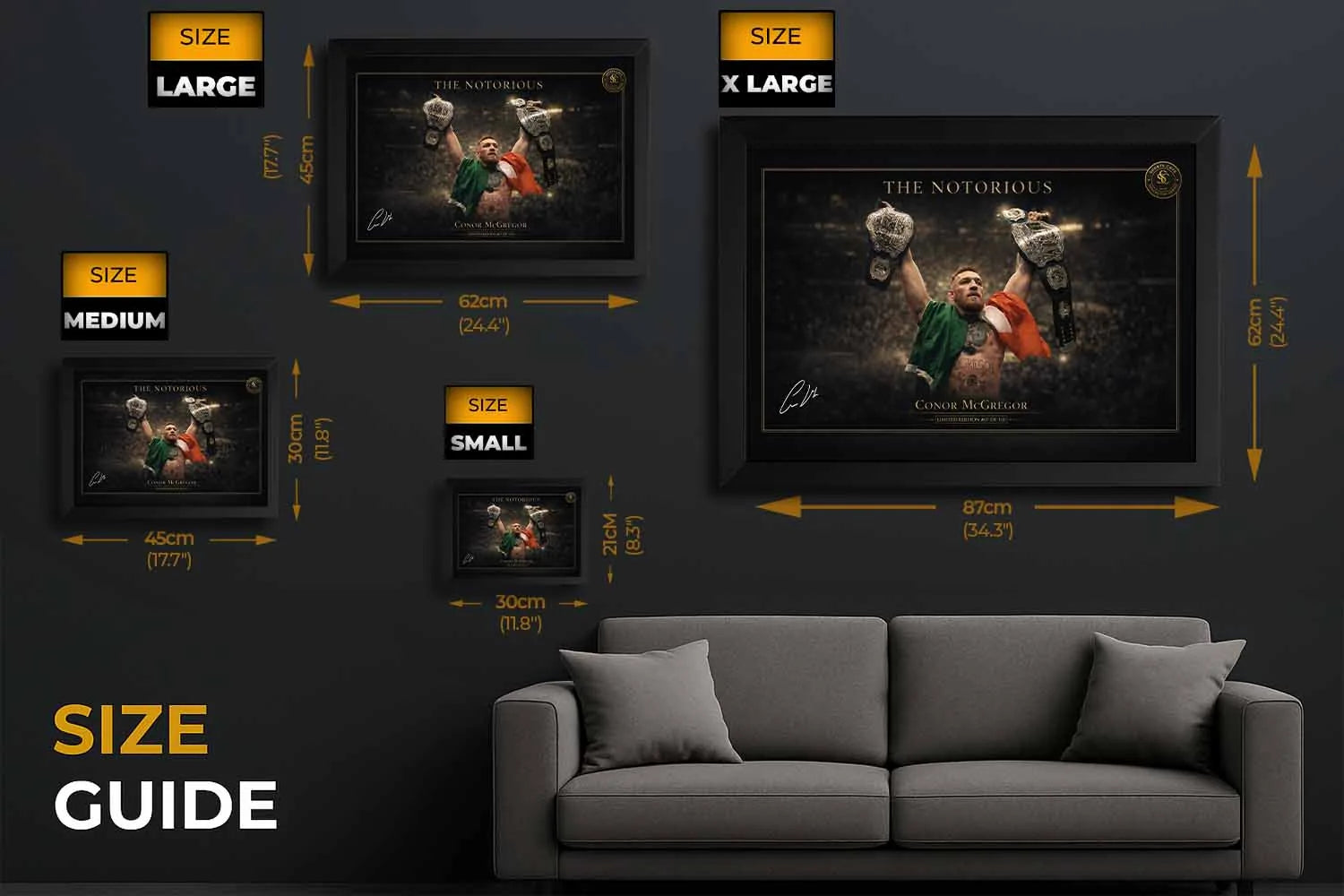 Conor McGregor framed sports wall art size guide showing multiple dimensions, helping choose perfect fit for your space.