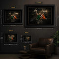 Conor McGregor wall art size guide comparing small, medium, large and extra-large framed dimensions in centimetres and inches.