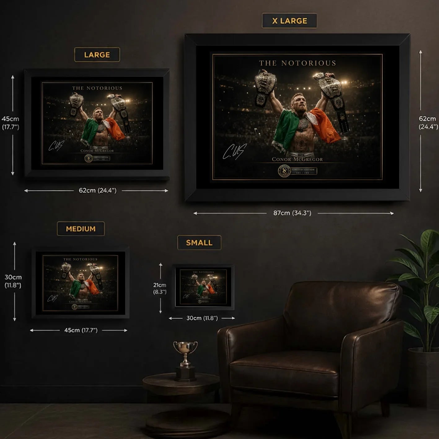 Conor McGregor wall art size guide comparing small, medium, large and extra-large framed dimensions in centimetres and inches.