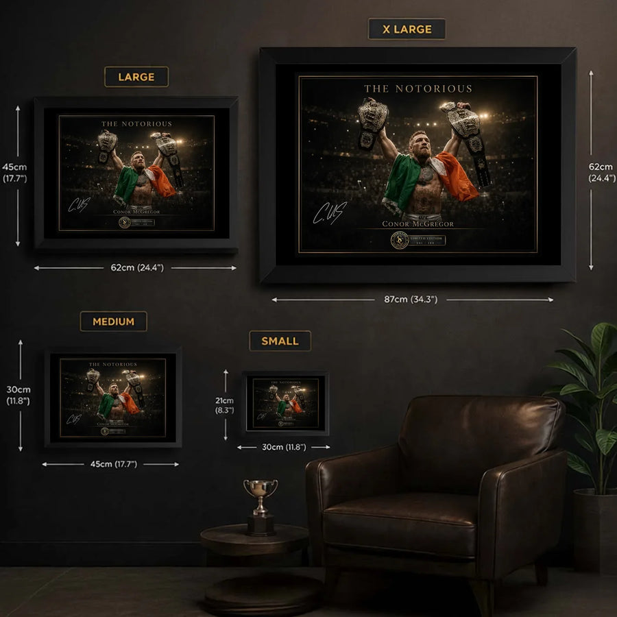 Conor McGregor wall art size guide comparing small, medium, large and extra-large framed dimensions in centimetres and inches.