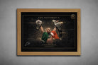Conor McGregor victory moment in oak frame, detailed sports wall art capturing championship legacy and fighter dominance.
