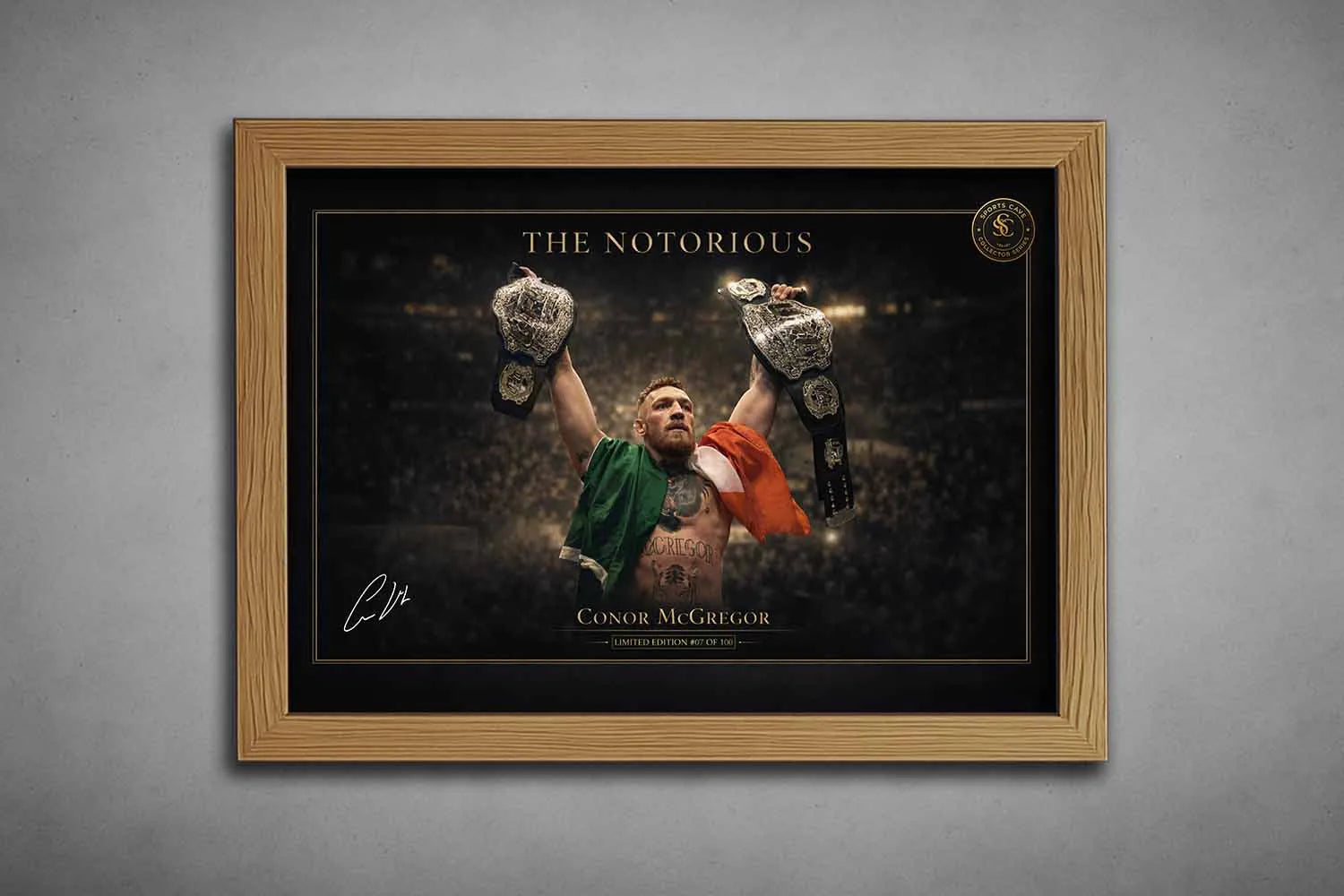 Conor McGregor victory moment in oak frame, detailed sports wall art capturing championship legacy and fighter dominance.