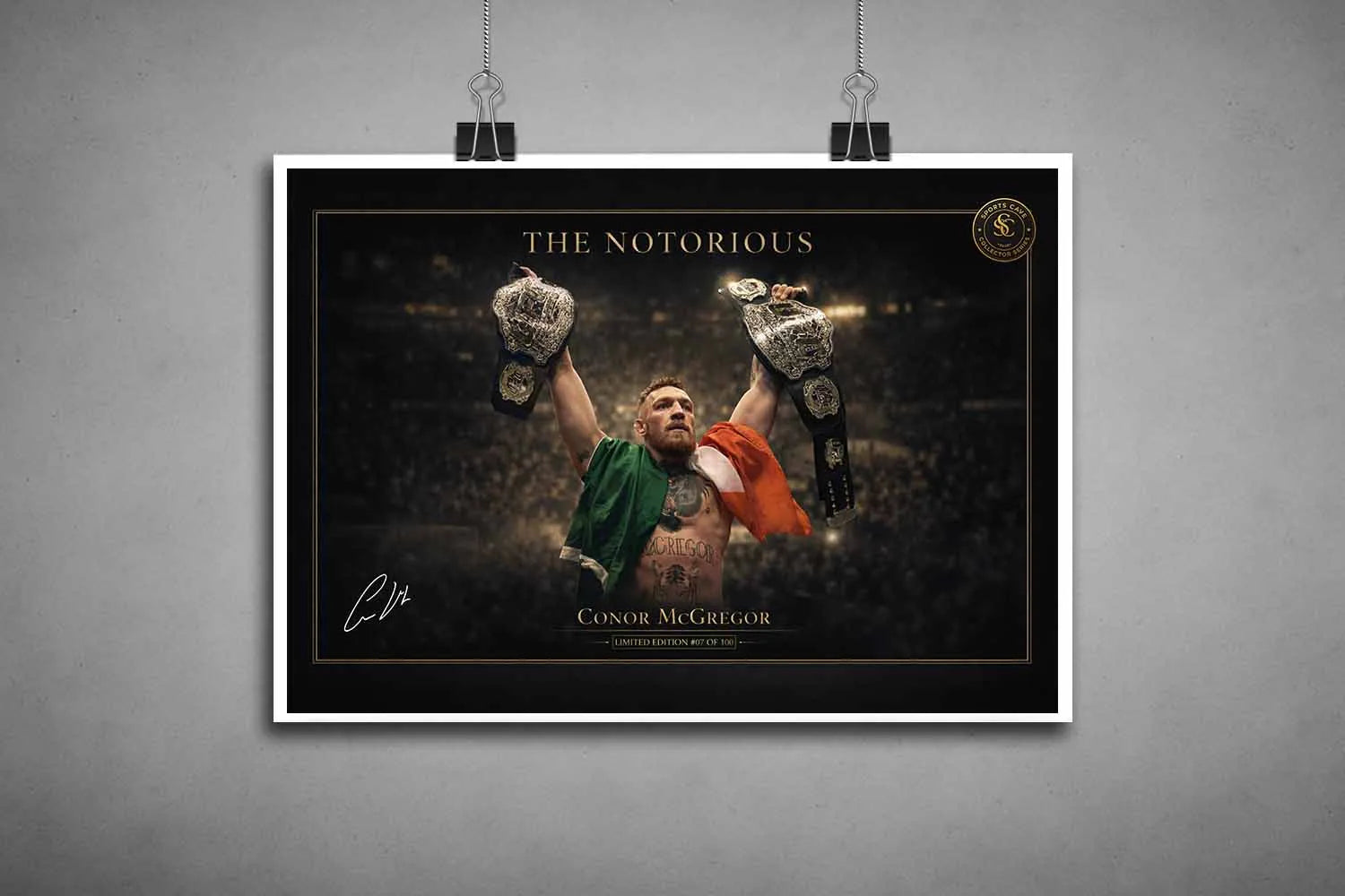 Unframed Conor McGregor artwork showing iconic belt pose, high-quality sports art prints for true combat sports fans.