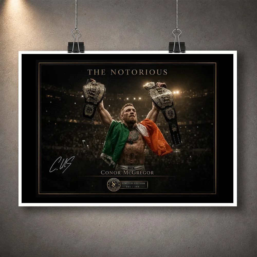 Unframed Conor McGregor combat sports wall art showing The Notorious beneath arena lights with both championship belts raised.