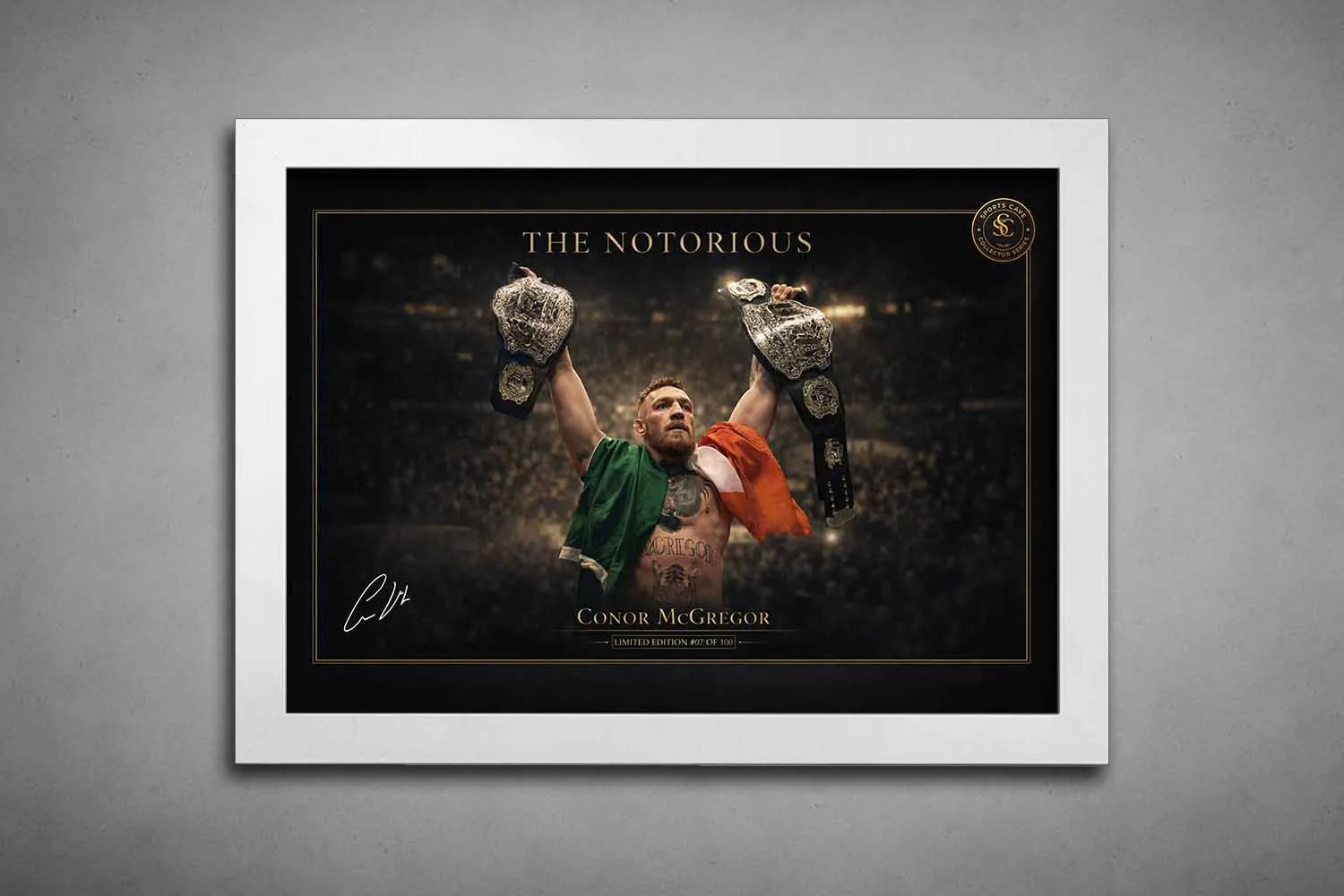 Conor McGregor champion artwork in white frame, clean framed sports memorabilia piece for modern collector interiors.