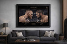 Modern man cave wall décor featuring No Escape framed sports art of Conor McGregor and Khabib Nurmagomedov rivalry.