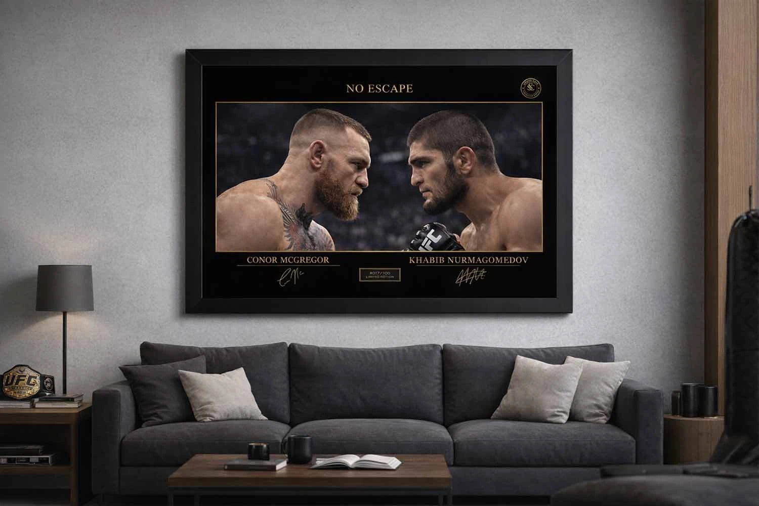 Modern man cave wall décor featuring No Escape framed sports art of Conor McGregor and Khabib Nurmagomedov rivalry.