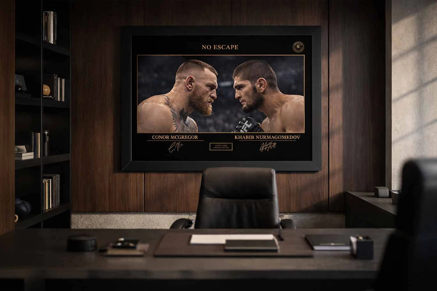 Executive office setting with framed sports memorabilia of Conor McGregor and Khabib Nurmagomedov from No Escape rivalry.