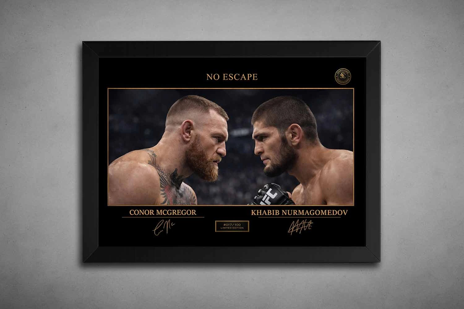 A black frame highlights No Escape rivalry between Conor McGregor and Khabib Nurmagomedov, framed sports memorabilia for fans.