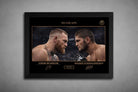 A black frame highlights No Escape rivalry between Conor McGregor and Khabib Nurmagomedov, framed sports memorabilia for fans.